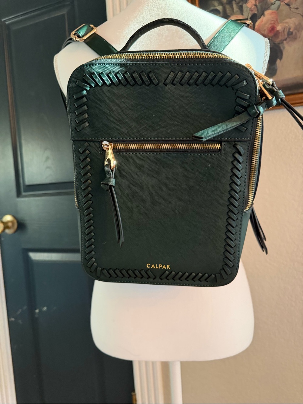Calpak Dark Green Leather Backpack with Gold Hardware